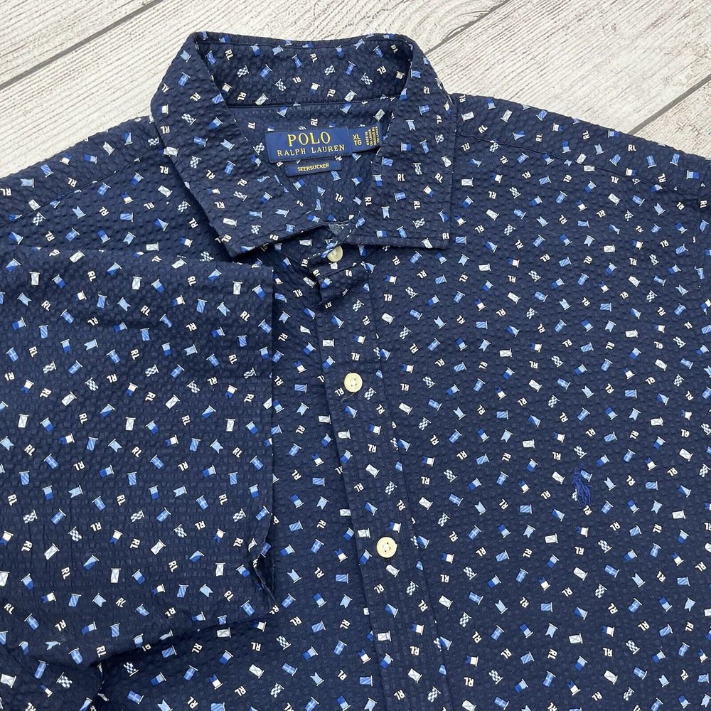 Polo Ralph Lauren Seersucker Navy Blue Flag Print Shirt Mens Size XL Short Slv